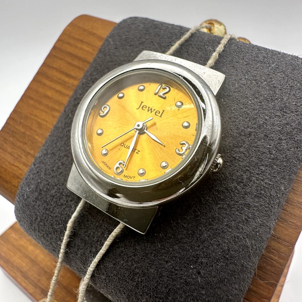 Jewel Quartz Bracelet Watch Orange Gold Dial Silver Tone Beads & Amber Stones